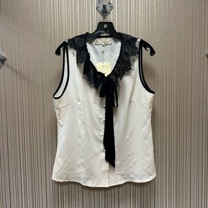 NWT A'Reve Black Lace Trim White Blouse